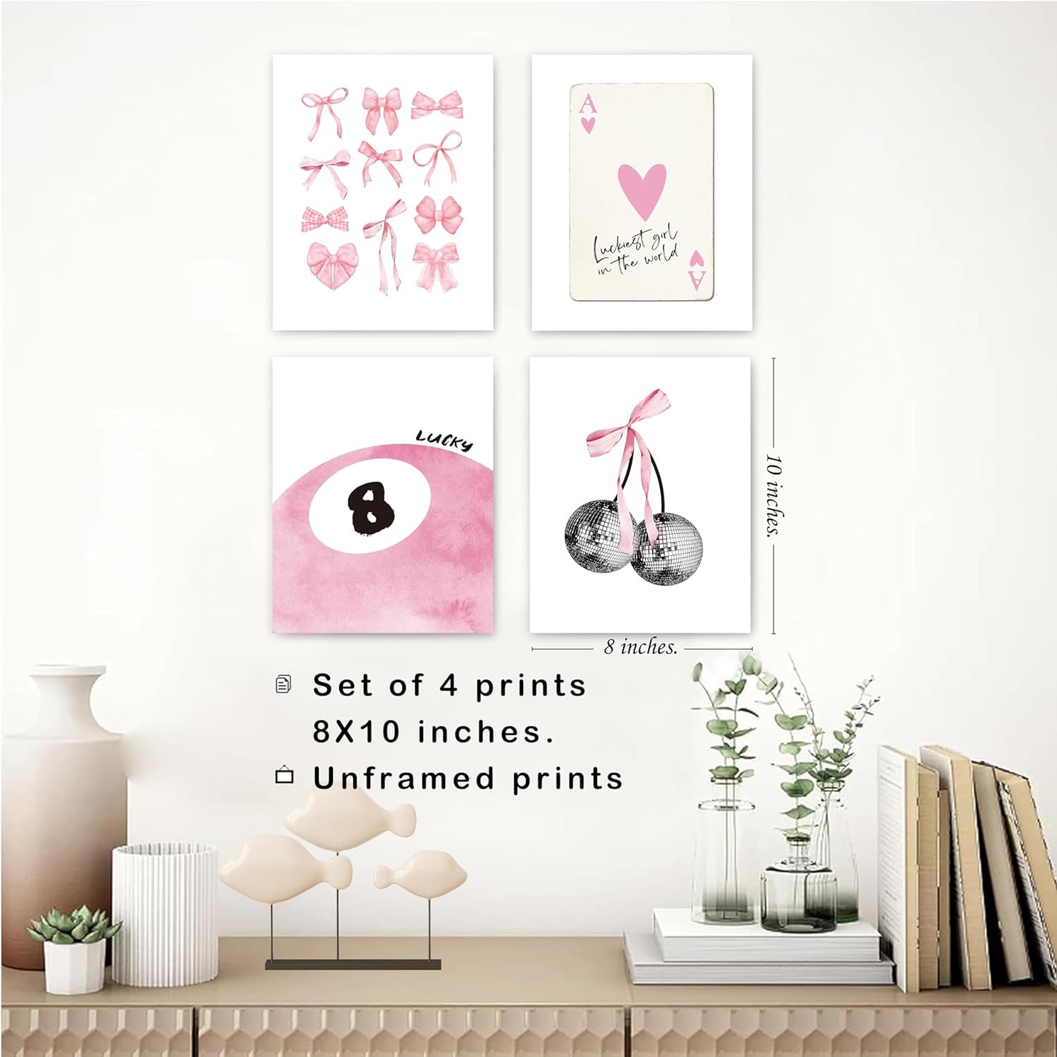 okaxscm Pink Coquette Trendy Preppy Wall Art Prints Set of 4, Coquette Room Decor, Preppy Room Decor Aesthetic, Pink Bow Disco 8 Ball Cherry Wall Decor Posters for Girls Bedroom Dorm, 8x10 Unframed