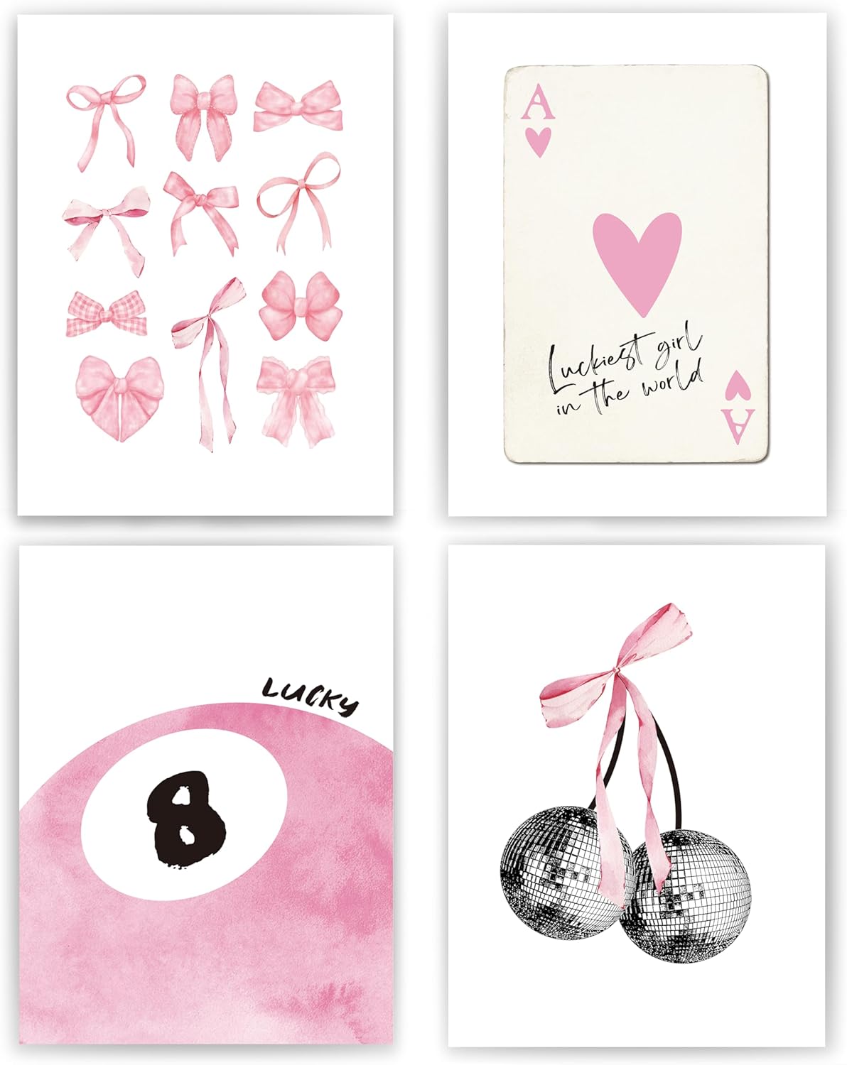okaxscm Pink Coquette Trendy Preppy Wall Art Prints Set of 4, Coquette Room Decor, Preppy Room Decor Aesthetic, Pink Bow Disco 8 Ball Cherry Wall Decor Posters for Girls Bedroom Dorm, 8x10 Unframed